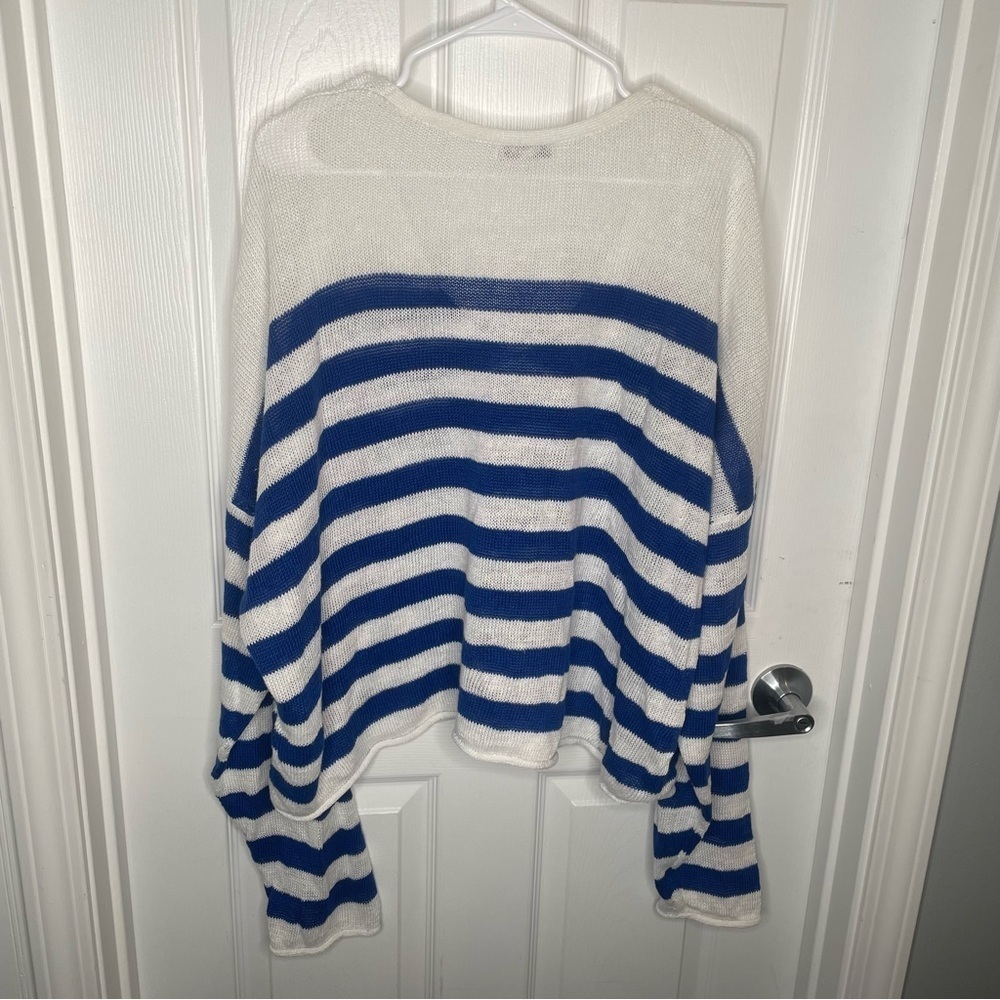 Madewell Linen V-Neck Sweater Beach Vacation Preppy in Sapphire Blue Stripe 2X - Picture 4 of 14